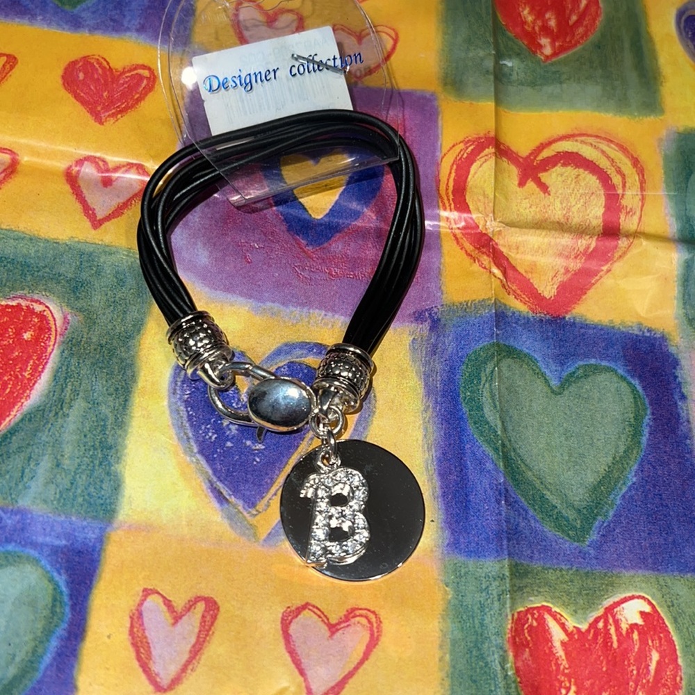 New Vintage 6 Strand Black Vegan Waxed Cord Initial Rhinestones “B” Bracelet 7.5